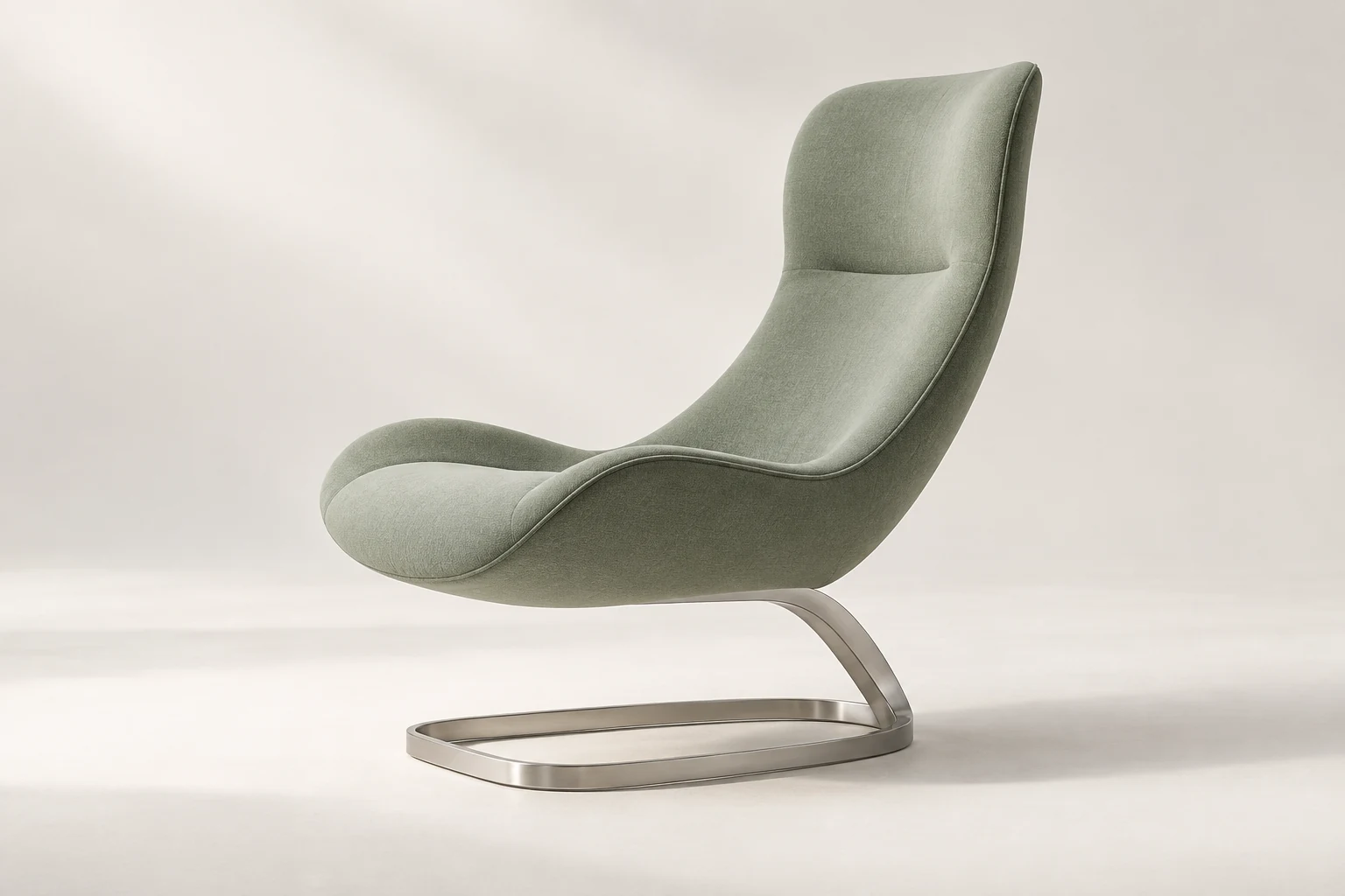 Cantilever lounge chair in sage soft upholstery with a brushed metal base